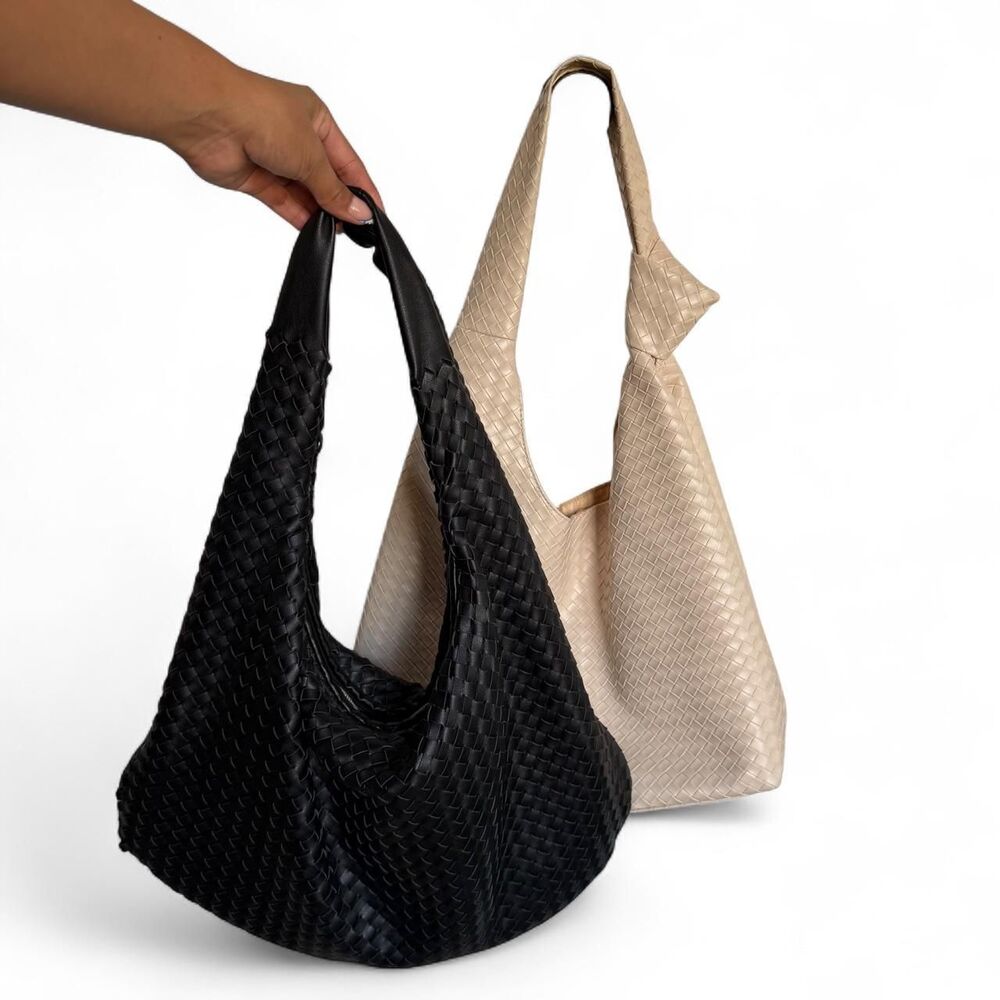 Black & cream woven faux leather shoulder tote bag minimalist closet staple